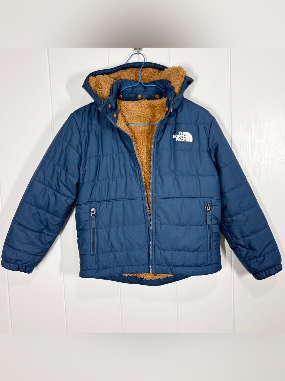 The North Face Kids Reversible Hooded Puffer Jacket Size Large Blue Brown Fleece